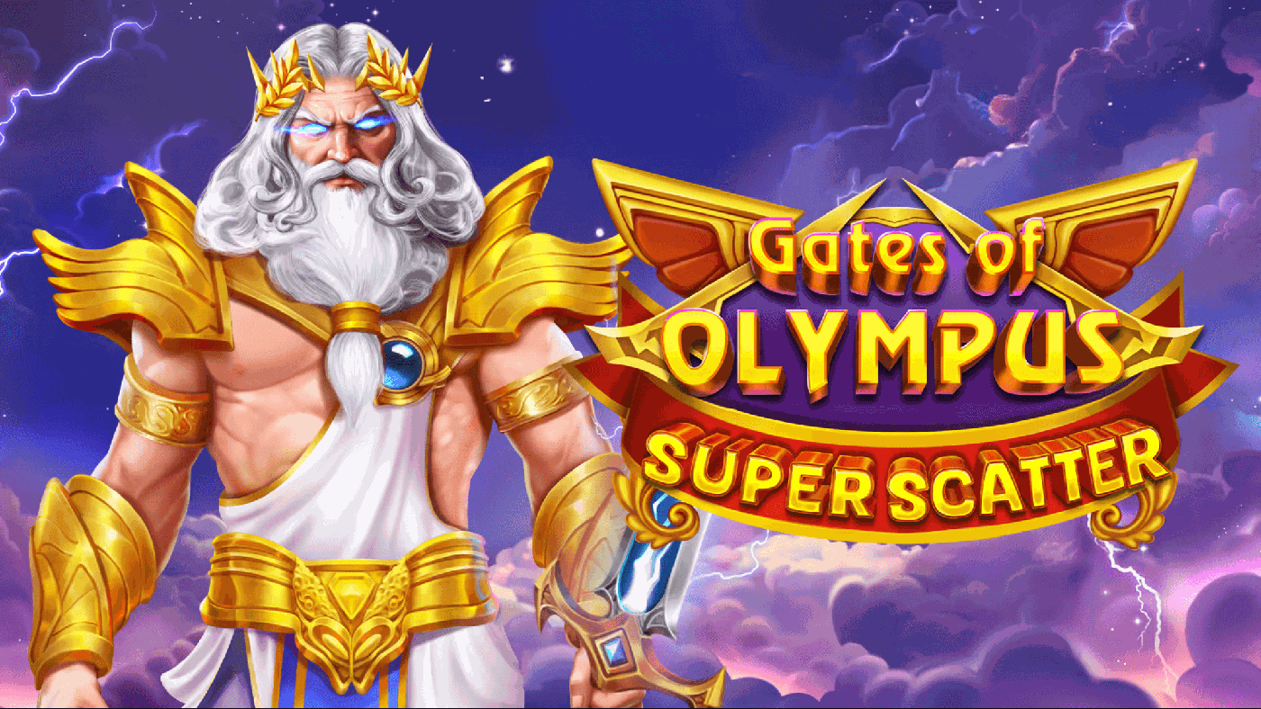 Gates of Olympus Super Scatter: Zeus in goldener Rüstung schwebt über den Wolken des Olymp neben dem sechs mal fünf Walzenraster mit grünem Globus, lila Dreieckskristall, blauem Diamant, goldenen Münzsymbolen und dem Super-Scatter-Zeichen